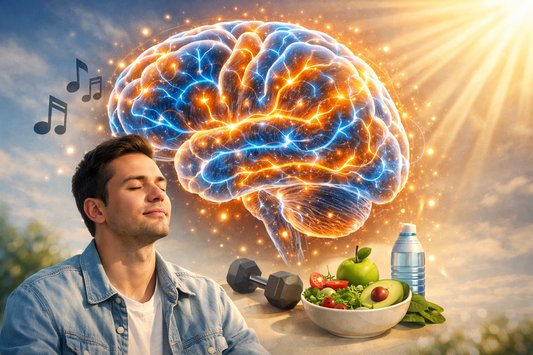 Illustration showing how to increase dopamine fast through natural habits like exercise, sunlight, music, and healthy lifestyle choices