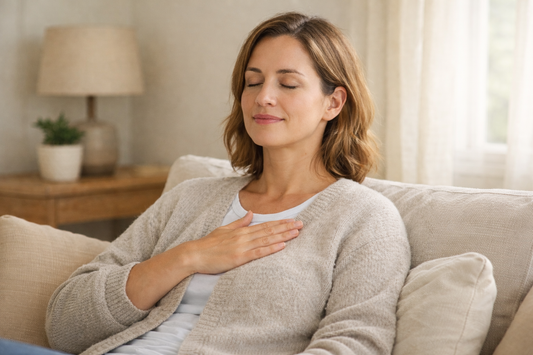 Person sitting calmly indoors practicing slow breathing, illustrating how shortness of breath can be caused by anxiety rather than a medical condition