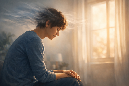 A calm person sitting in soft natural light, with abstract shapes fading around their head to symbolize PTSD symptoms and the process of nervous system healing.