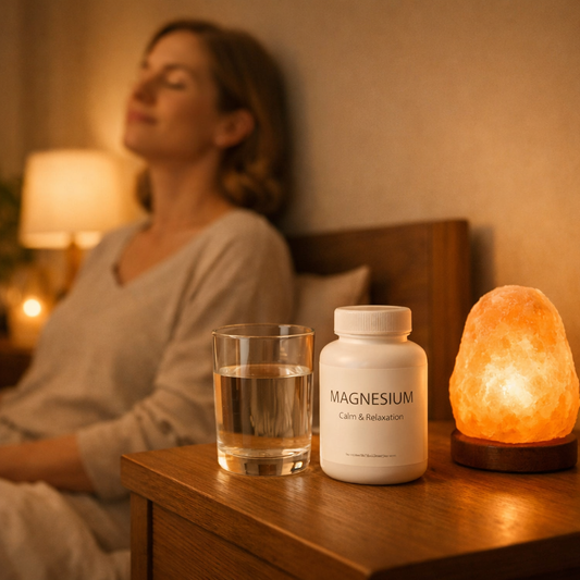 Calm nighttime bedroom scene showing a relaxed person unwinding before sleep with a magnesium supplement on a bedside table, illustrating which magnesium is best for sleep.